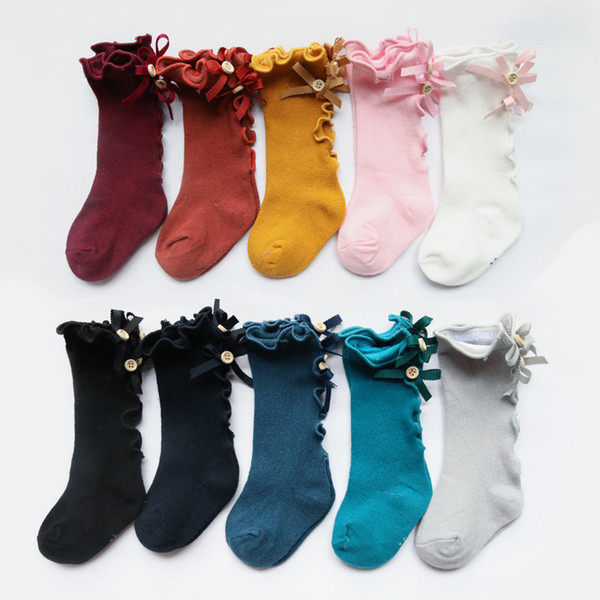 Baby Girls Ruffle Stockings Bowknots Buttons 100% Cotton Frills Edge Knees Sock Solid 10 Colors Kids Designer Stocking Socks 0-8T