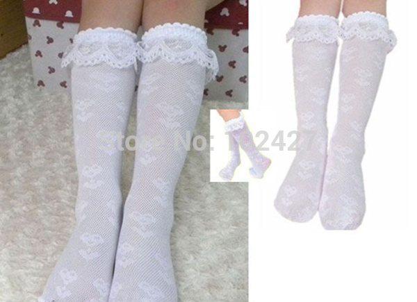 Wholesale-Wholesale 12Pairs/lot Baby Girl Lace Socks Knee High Socks White Color fit 3~8 Years Old Girl