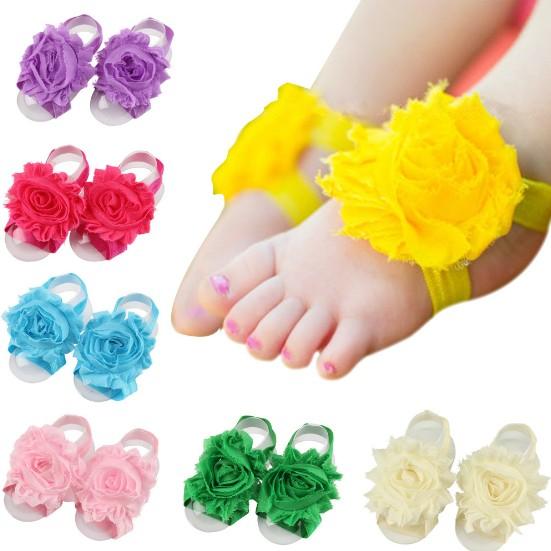 New Arrival kids Flower Sandals baby Barefoot Sandals Baby girl Foot Flower Wristband Folds Chiffon Flower baby girl shoes KFA02