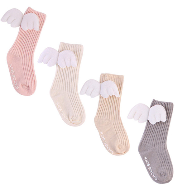 Kids Socks with Angel Wings Newborn Baby Socks Pink Socks Shoe 4 Colors Knitted Knee Sock 100% cotton anti-slip sole