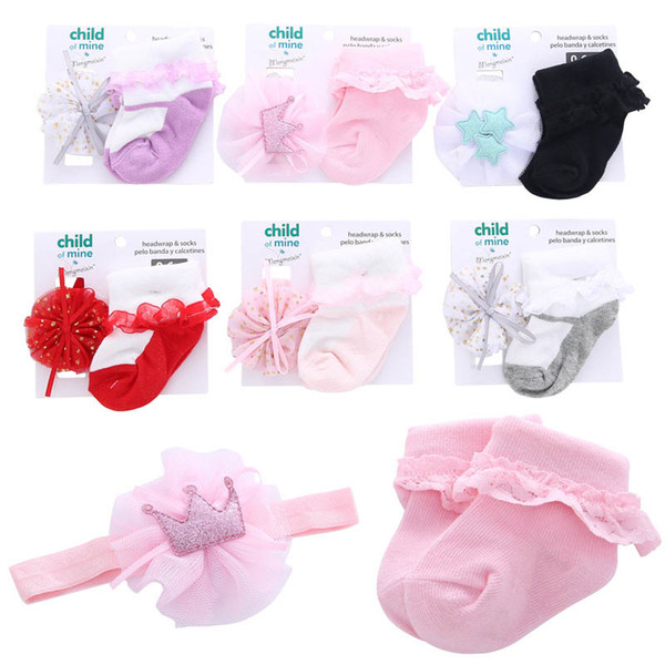 New princess Baby Socks bows floral Newborn Socks lace Baby Booties+Flower designer headband Newborn Outfits Infant Wear Baby Gift A3097