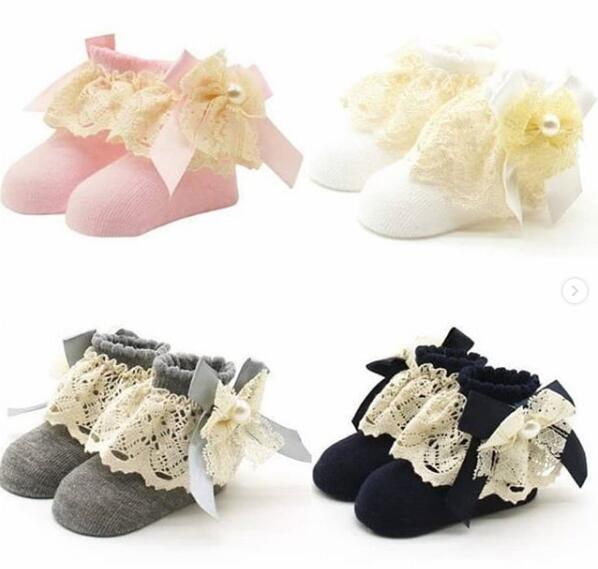 Newborn baby lace socks pearl frilly ribbon infant soft cotton socks ruffle cute sock