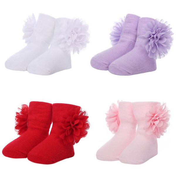 1Pair Toddlers Baby Long Ankle Socks Big Flower Solid Color Cotton Winter Warmer 0-6M For Baby