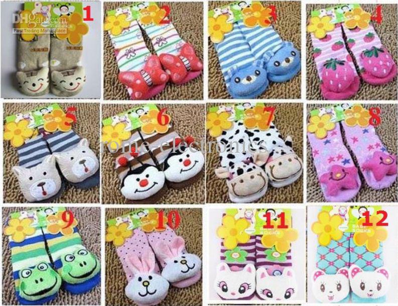 200pairs/lot 12 design Size 0-2/2-4 Baby Socks with animal Baby Outdoor Shoes Baby Anti-slip cotton Sock kid's gift