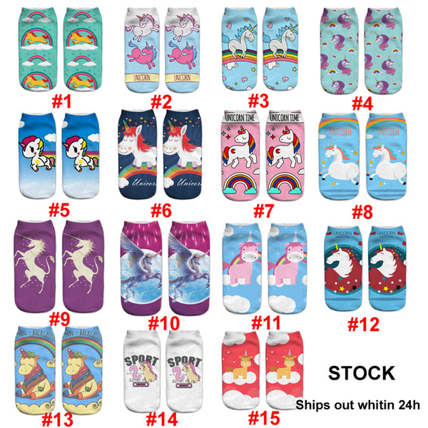 2018 Stock Girls 3D Printed Unicorn Socks Low Cut Ankle Sock Cotton Teenager Cartoon Pattern Socks 15 Style Free DHL/SF