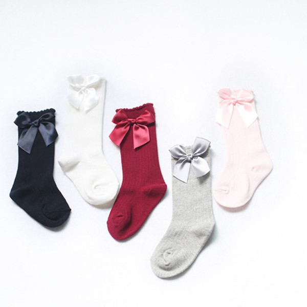 Cotton Cute Toddler Kid Baby Girl Knee High Solid Socks Bow Casual Stocks 0-4Y