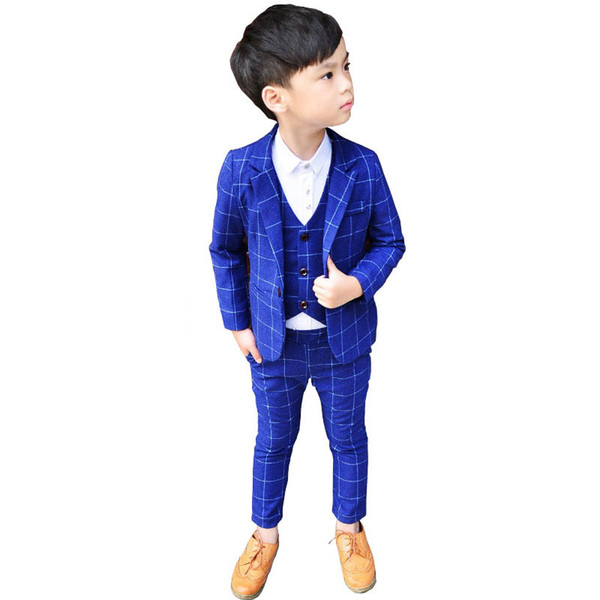 New 3Pcs Kids Plaid Wedding Blazer Suit Brand Flower Boys Formal Tuxedos School Suit Child Party Dress Clothing Set Costume N67