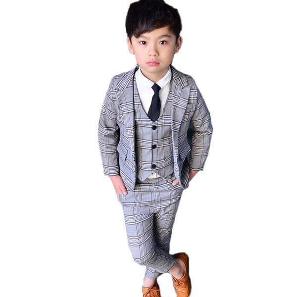 New Flower Boys 3Pcs Formal Plaid Wedding Suit Kids England Style Blazer+Pant+Waistcoat Suit for Boys Kids Party Costume N26