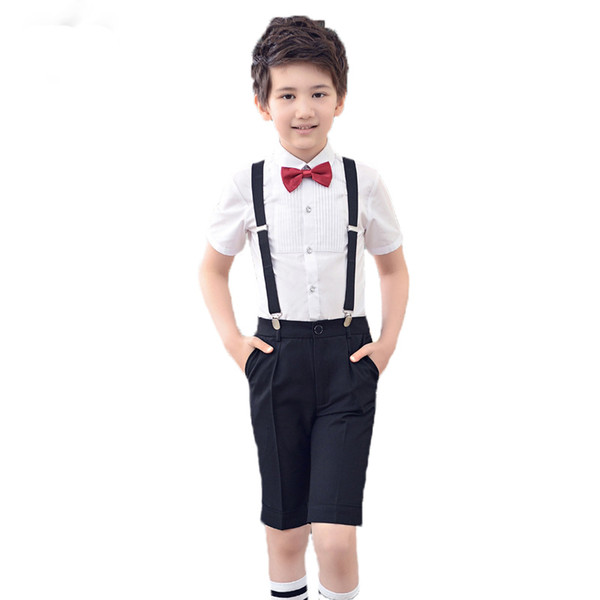 Boys Wedding Overall Suits with Bowtie Brand School Girls Uniform Bib Pants Suit Flower Boys Girls Skirt Clothing Set N80