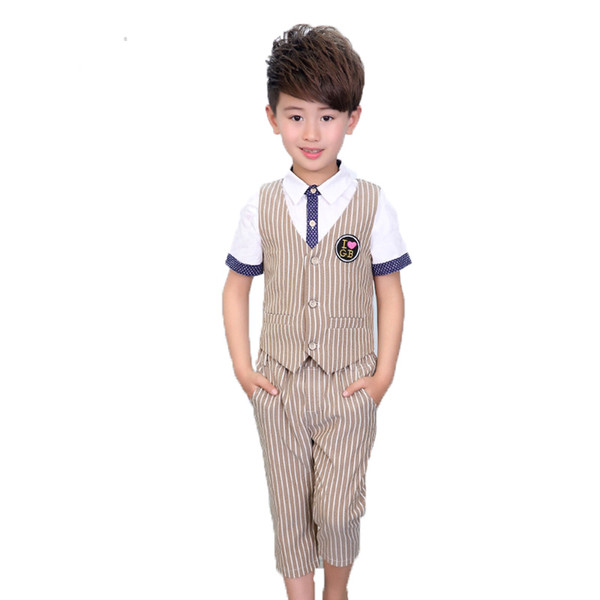 Summer Kids Wedding Striped 2Pcs Vest+Pants for Boys Kids England Style Ceremony Clothing Set Boys Formal Suit Costume N37