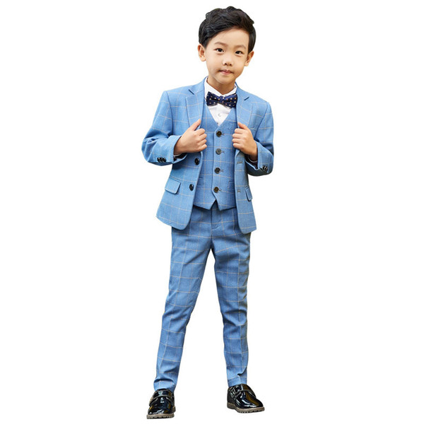 5pcs Children Formal Clothing Sets Boys Plaid Blazer vest Pants Shirts bowtie Suits Set Kids Wedding Party Gentleman Costume