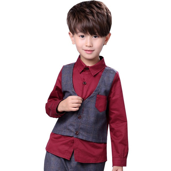 Formal Gentleman Wedding Clothing Set Shirt with Fake Grid Vest+pant Trousers 2Pcs Kids Baby Flower Boys Clothes Suit N11