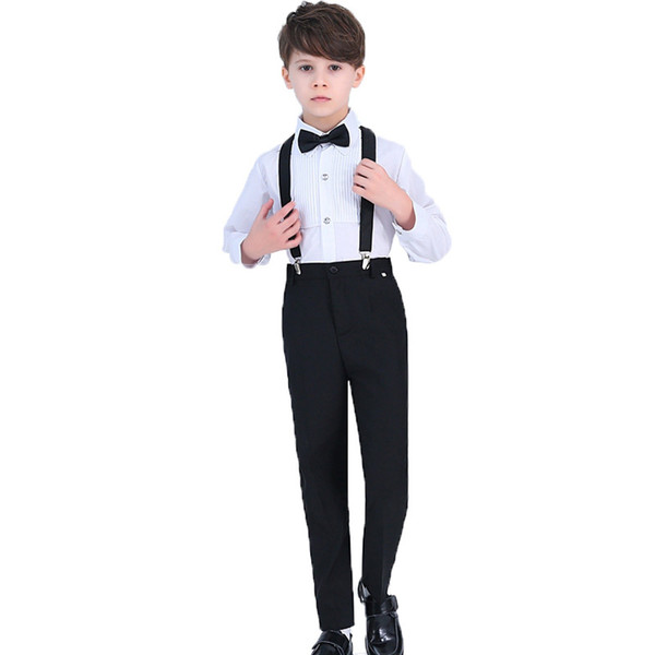 Wedding Party Suit For Boys Kids Formal Prince student Dress Gentleman Kids Strap Shirt Pants Bowtie 4Pcs ceremony Costumes