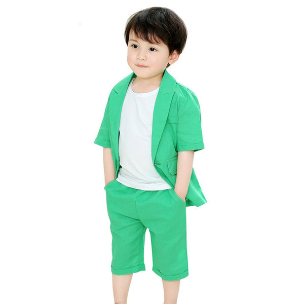 2018 New Fashion Boys Formal Suits Summer 2pcs Short Sleeve Blazer+Shorts Children Kids Wedding Birthday Dress Clothing Sets N28