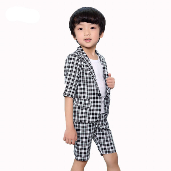 Boys Summer Blazer Suits Sets Kids Cotton Plaid Tops Pants 2PCS Clothing Sets Children Formal Party Wedding Costume