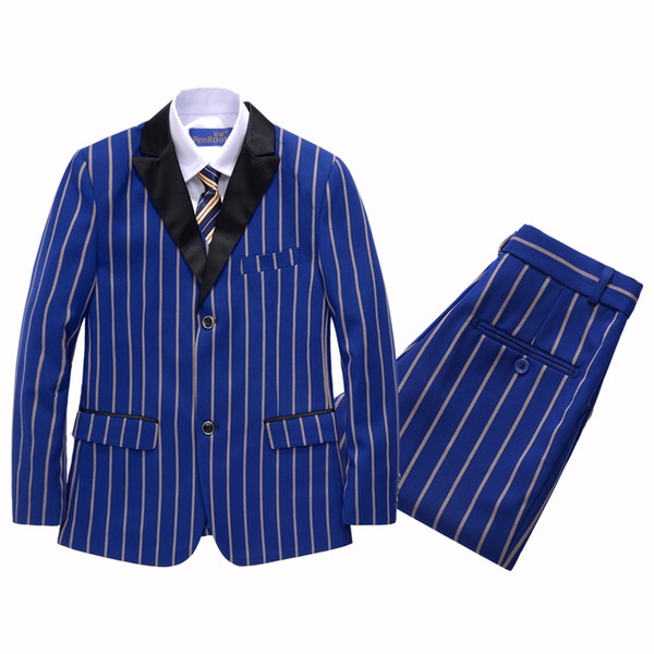 Boy Blue Stripes Blazers Suit Kids Suit for Wedding Party Coat+Blouse+Tie+Pants+Vest Children Costume Kids Formal Clothes Set