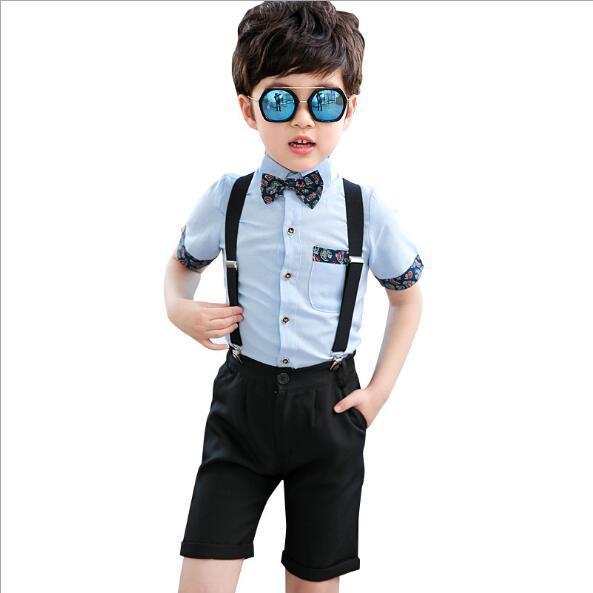 Summer kids 2Pcs set Cute Blue Shirts+Overalls Suit Blazer For Boys