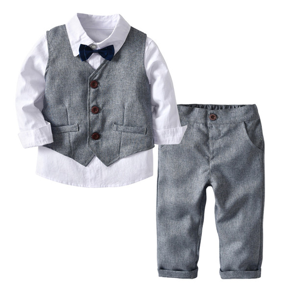 Formal Blazers Kids Baby Boys Suit 4PCS Set Clothes Solid Vest + White Shirt With Tie + Grey Pants ensemble blazer fille