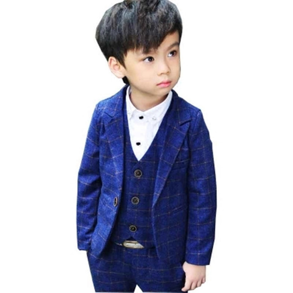 Plaid Boys Formal Tuxedos School Suits Kids Spring Clothings Sets 3 Pieces Sets Kids Wedding Blazer Suits Gray Navy