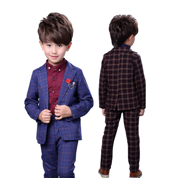 Brand Boys 2Pcs Plaid Formal Wedding Suit England Style Boys Brooch Blazers Kids Tuxedos Boys School Clothing Set Costume N72