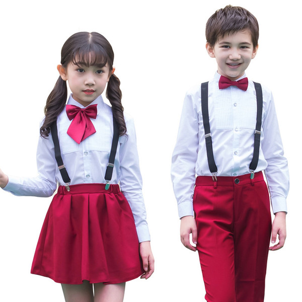 Kids 4PCS Performance & Wedding Overall Suits with Bowtie Girls Formal School Uniforms Suits Boys School Chorus Costumes N91