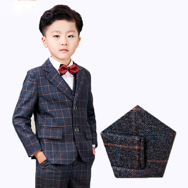 New Children's Woolen Plaid Formal Dress Suit Sets Boy British Autumn Winter Thickening Blazer Vest Pants Shirts Bowtie Outfits