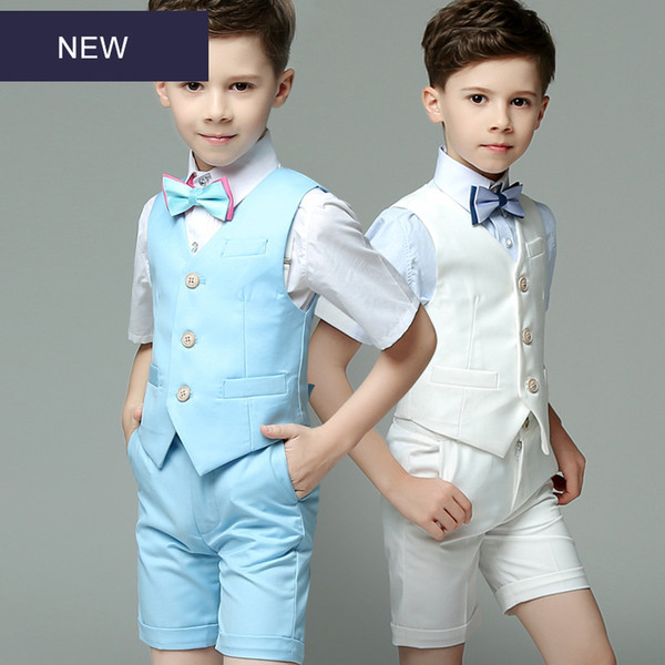 Children's Summer Short Sleeve 4Pcs/Set Vest+Bowtie+Pants+Shirts Gentlemen's Boys Show Performance Wedding Groom Blazers Suits