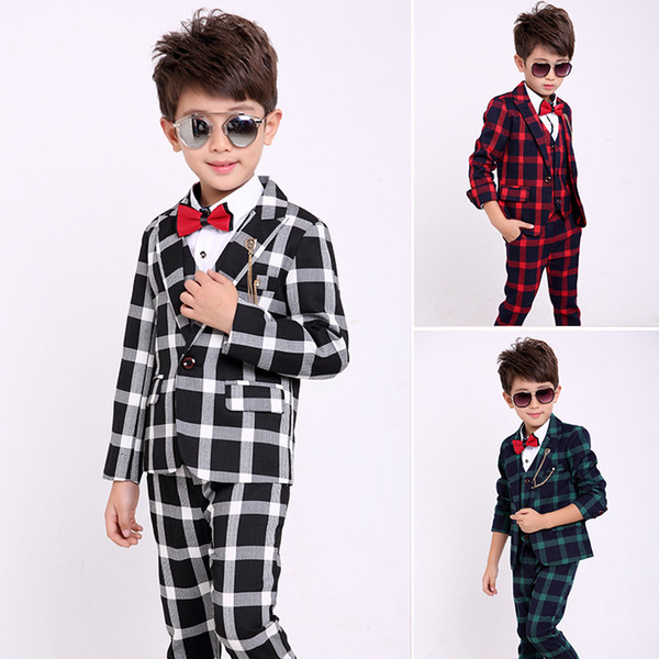 Flower Boys Formal Suits for Weddings Boys Plaid Blazer Vest Pants 3pcs Tuxedo Kids Gentleman Party Clothing Sets