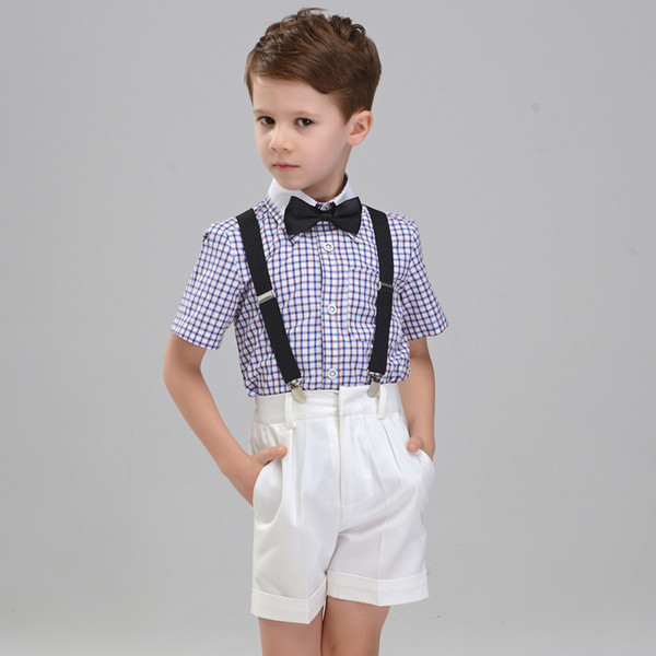 Short Sleeve 4pcs/set(Strap+Shirts+Pants+Bowtie) Chorus Plaid Handsome Summer Boys Show/Performance/Wedding Groom Blazers Sets