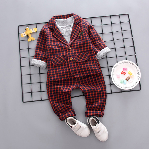 Models Spring Autumn New British Windding Children's Boy Suit Gentleman Children's Lattice Long Sleeve Vest 3 Piece Set