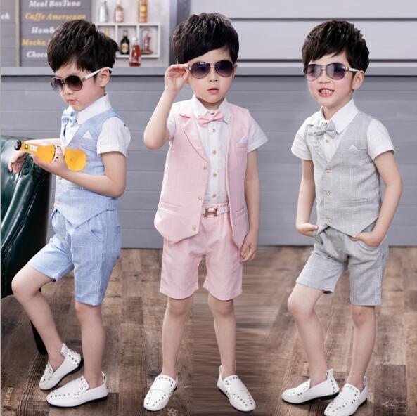 3Pcs Vest+Pant+Shirts Summer Plaid Formal Vest Top Gentle Boys Suits