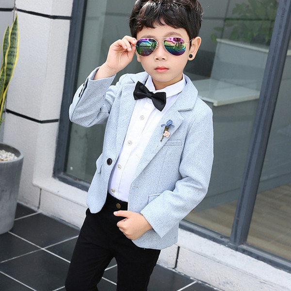 Casual Blazer Coat For Children Boys Freebie Gift Brooch Light Blue Jacket For Prom Graduation Suit Cotton New Kids Clothes