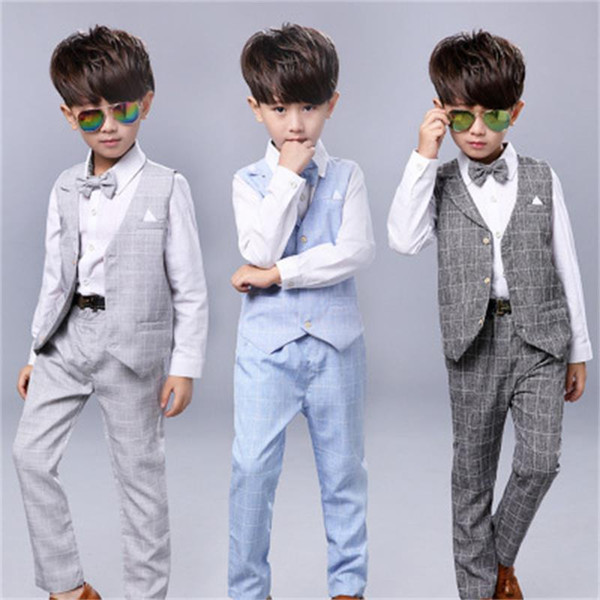 New 3Pcs Boys Spring Formal Wedding Vest Suit Top Quality Gentle Boys Polka Lattice Suit Children Wedding Suits