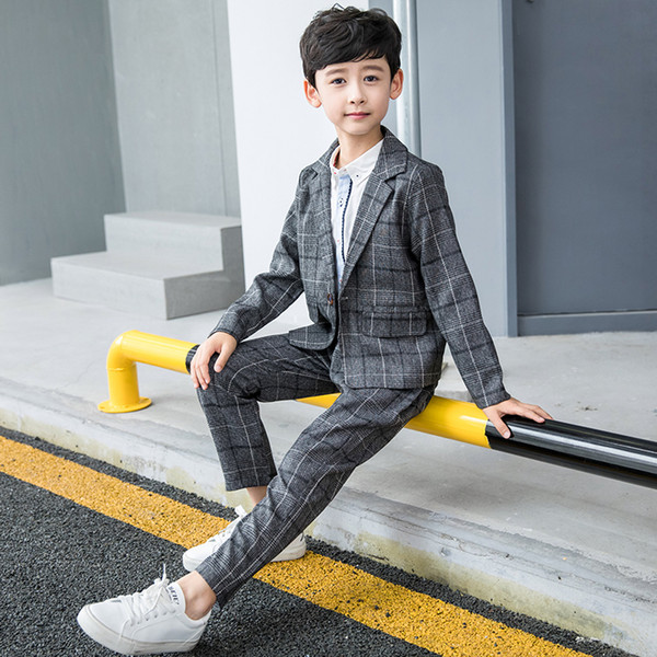 2019 New Autumn Kids Blazers Boys Suits Plaid Single Breasted 2Pcs Coats + Pants for Boys Wedding Wear Children Clothing Sets