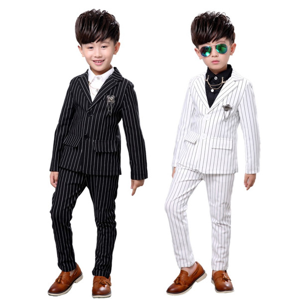 Kids boys Strip White Black Formal Wedding Dress Suits Casual Wear Jacket Sets Slim Outfit