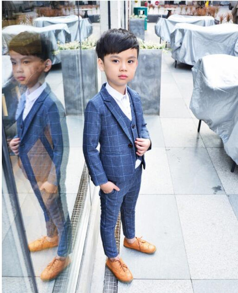 Boy Lattice Red Blue Gray Suit Wedding Clothes Coat+Pants+Vest+Bow Tie Kids Costume Stage Performance Host Show Boy Suits