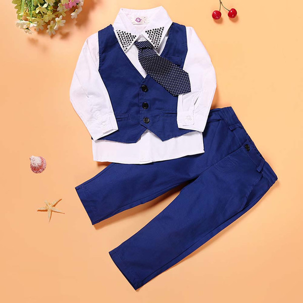 Blue Boys Blazer Suit Children Vest+Tie+Blouse+Pants 4 pieces Blazer Sets for Wedding Autumn Outwear Toddler Boy Blazers