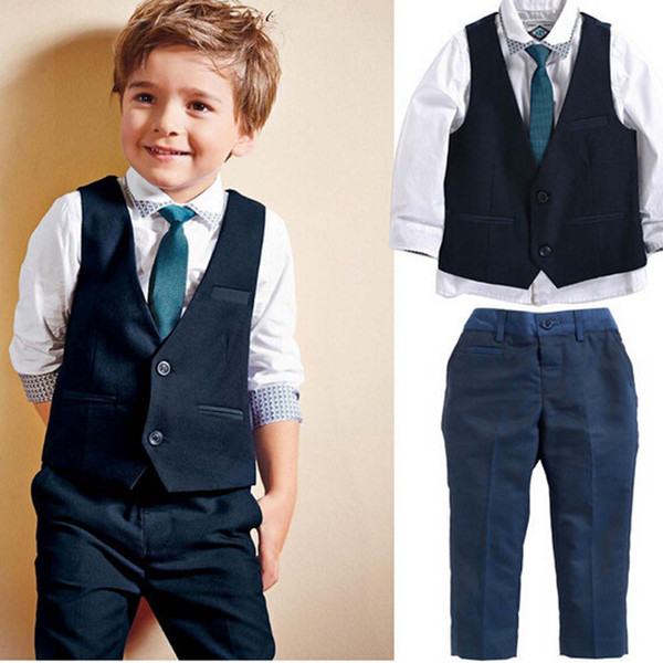 Blue Boys Blazer Suit Children Vest+Tie+Blouse+Pants 4 pieces Blazer Sets for Wedding Autumn Outwear Boy Blazers