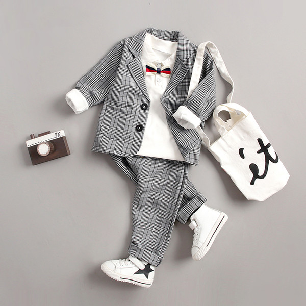 England Style Tuxedo Suits Boys Clothes Set Kids Formal Wedding Blazer Lattice Coat Kids Party Bow Tie Clothing