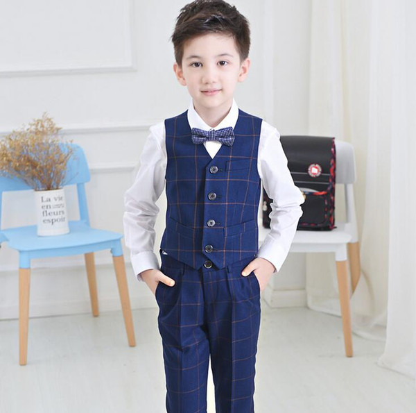 (Pants+Vest+Shirt+Bow Tie)Boys Clothes Sets Gentleman Blue Lattice Child Formal Suits Boy Clothing Sets Wedding Suits Outfits