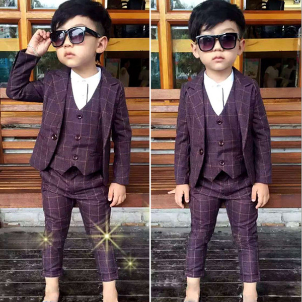 New Single Breasted Boys Suits & Blazers 3PCS Coats + Plaid Vest +Suit Pants for Boys Wedding Wear Kids Clothing