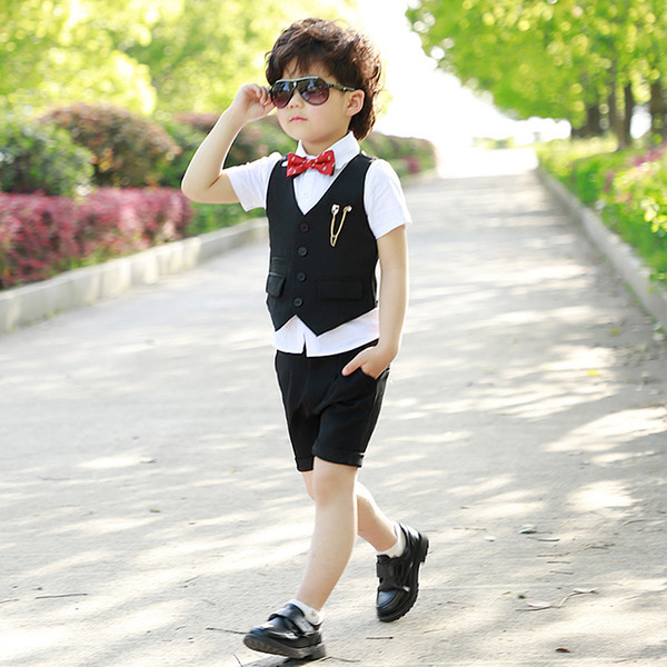 Summer Gentlemen Boys Suits For Weddings Boys Tuxedo Suits Gentlemen Blazer Vest Shorts 4PCS Suit Set