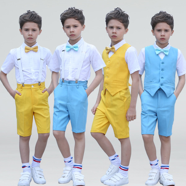 Children's Day Boys 4Pcs/Set(Pants+Shirts+Belt+Bow) Summer Yellow/Blue Chorus Wedding Flower Boys Short Sleeve Blazer Suit Sets