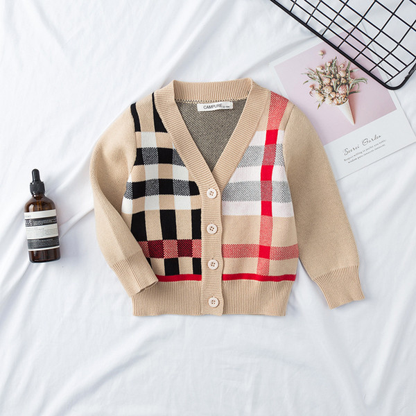 Retail Boys girls knitted sweater Korean stripe plaid matching knitted cardigan children clothing kids jackets coat outwear boutique clothes