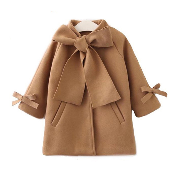 Toddler Kids Baby Girls Warm Wool Bowknot Trench Coat Overcoat Outwear Jacket