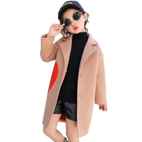 Girls Wool Blends Coats for Kids Heart Pattern Outerwear Girls Autumn Winter Jackets 4 5 6 7 8 9 10 11 12 Years Cool Coat