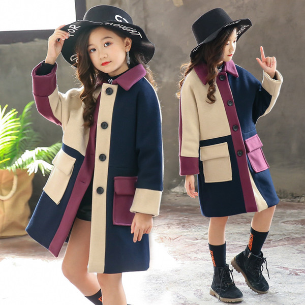 Girls Woolen Coat 2018 New Winter Children Woolen Windbreaker Girls Fashion Outwear Coat Jacket Warm Patchwork Jacket