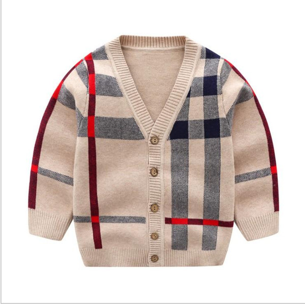 2019 Handsome Boys Ins Classical Plaid V Neck Cardigan European Style Kids Cotton Soft Sweater Childrens Autumn Outwears