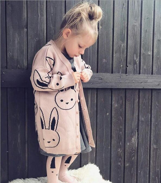 Girl Sweater 2019 Spring Fall Rabbit Knitted Long Cardigans Baby Girl Clothing 2-8Y