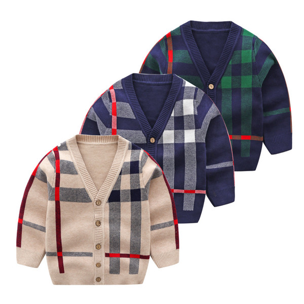 European Style Children's Sweater Boy Classic Plaid Jacquard Sweater Cardigan Casual Top for Kids Free Shipping